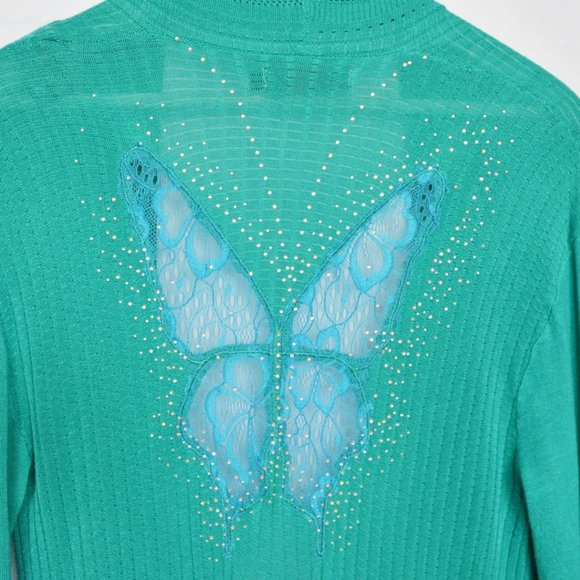 Rhinestone Butterfly Y2K Lace Turquoise Ribbed Cardigan - Picture 3 of 5